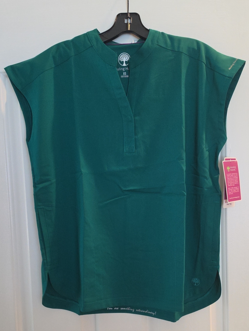 Healing Hands Women's Hunter Green Mandarin Collar Boxy Top